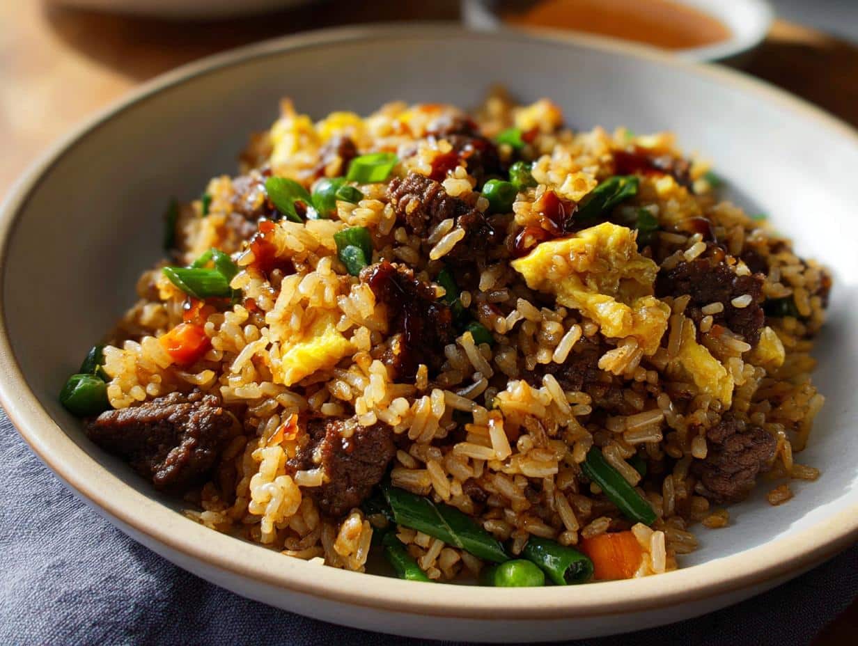 A close-up of a bowl filled with Simple Beef & Veggie Fried Rice, featuring rice, beef chunks, scrambled egg, peas, and green onions.