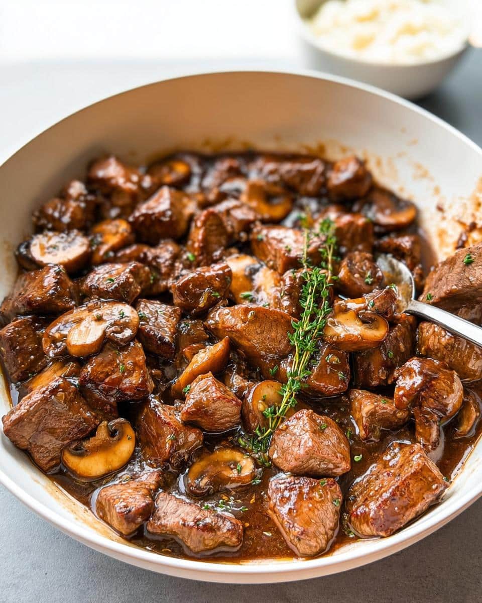 Close-up of juicy Skillet Steak Bites in Mushroom Gravy, garnished with fresh thyme in a white serving dish.