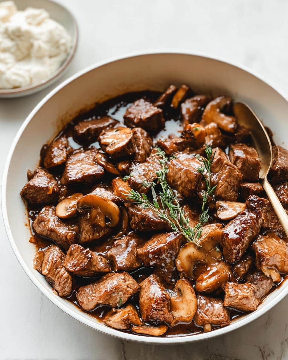 Close-up of tender Skillet Steak Bites in Mushroom Gravy, garnished with fresh thyme, served in a white bowl.