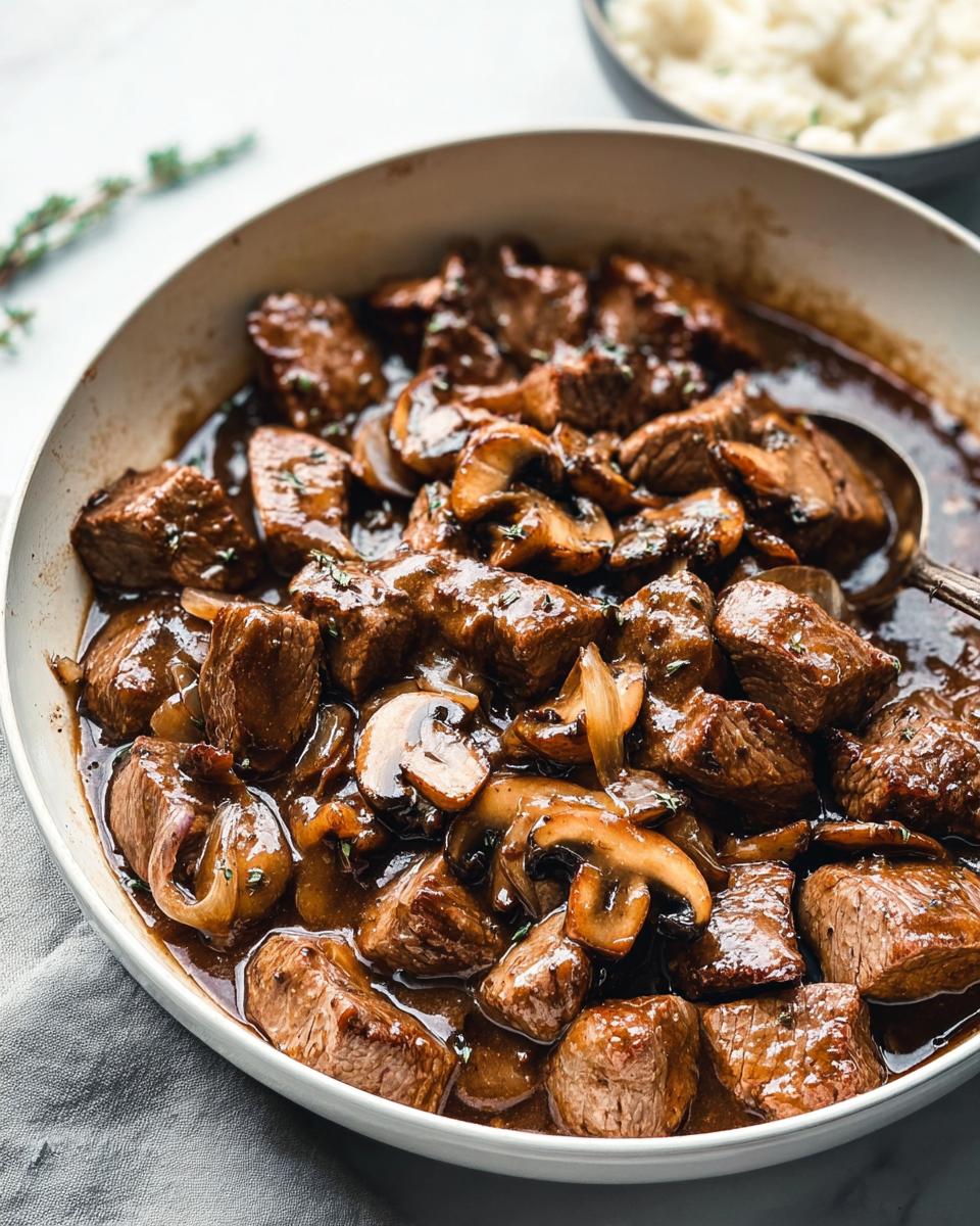 Close-up of Skillet Steak Bites in Mushroom Gravy, featuring tender beef chunks and sliced mushrooms coated in a dark sauce.
