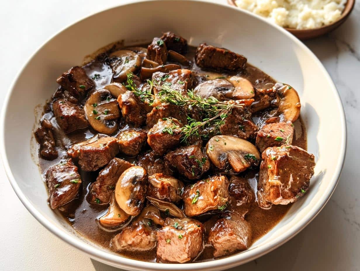 Close-up of Skillet Steak Bites in Mushroom Gravy, garnished with fresh thyme in a white bowl.