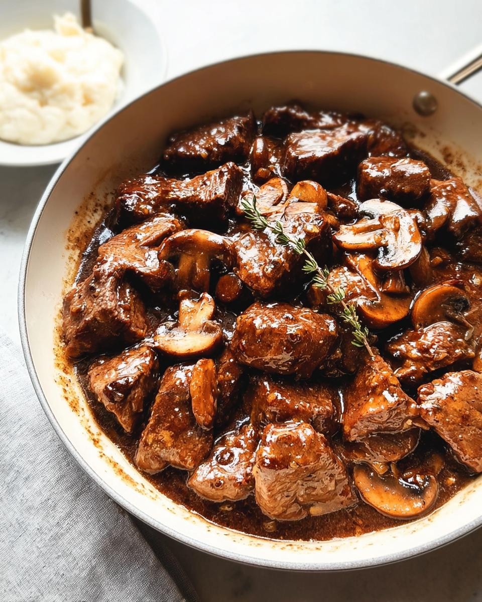 Close-up of Skillet Steak Bites in Mushroom Gravy, garnished with fresh thyme in a white skillet.