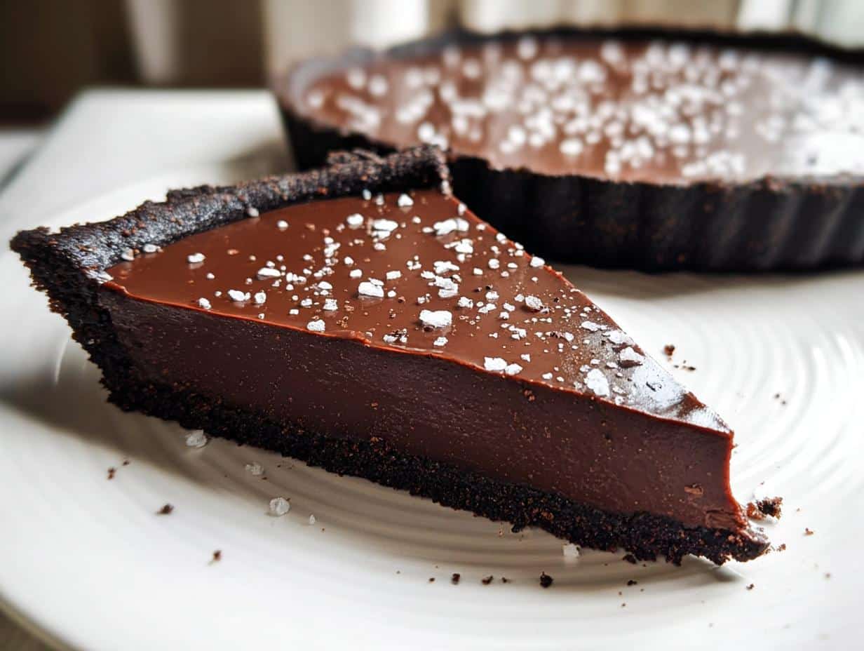 A close-up of a rich slice of Chocolate Ganache Tart with a dark crust, topped with flaky sea salt.