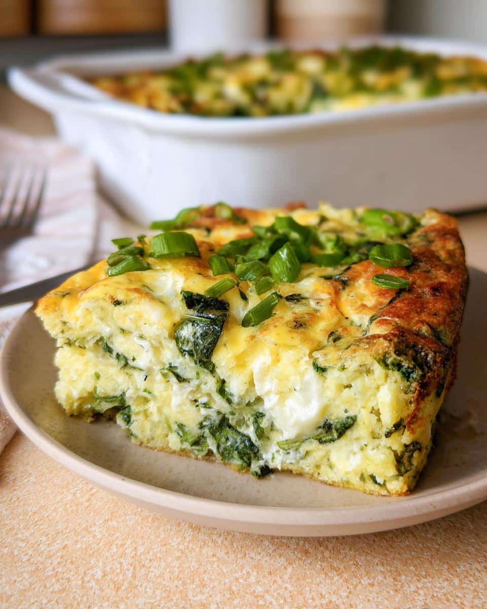 A thick slice of golden Cottage Cheese Egg Bake with visible spinach and cottage cheese curds, topped with fresh green onions.