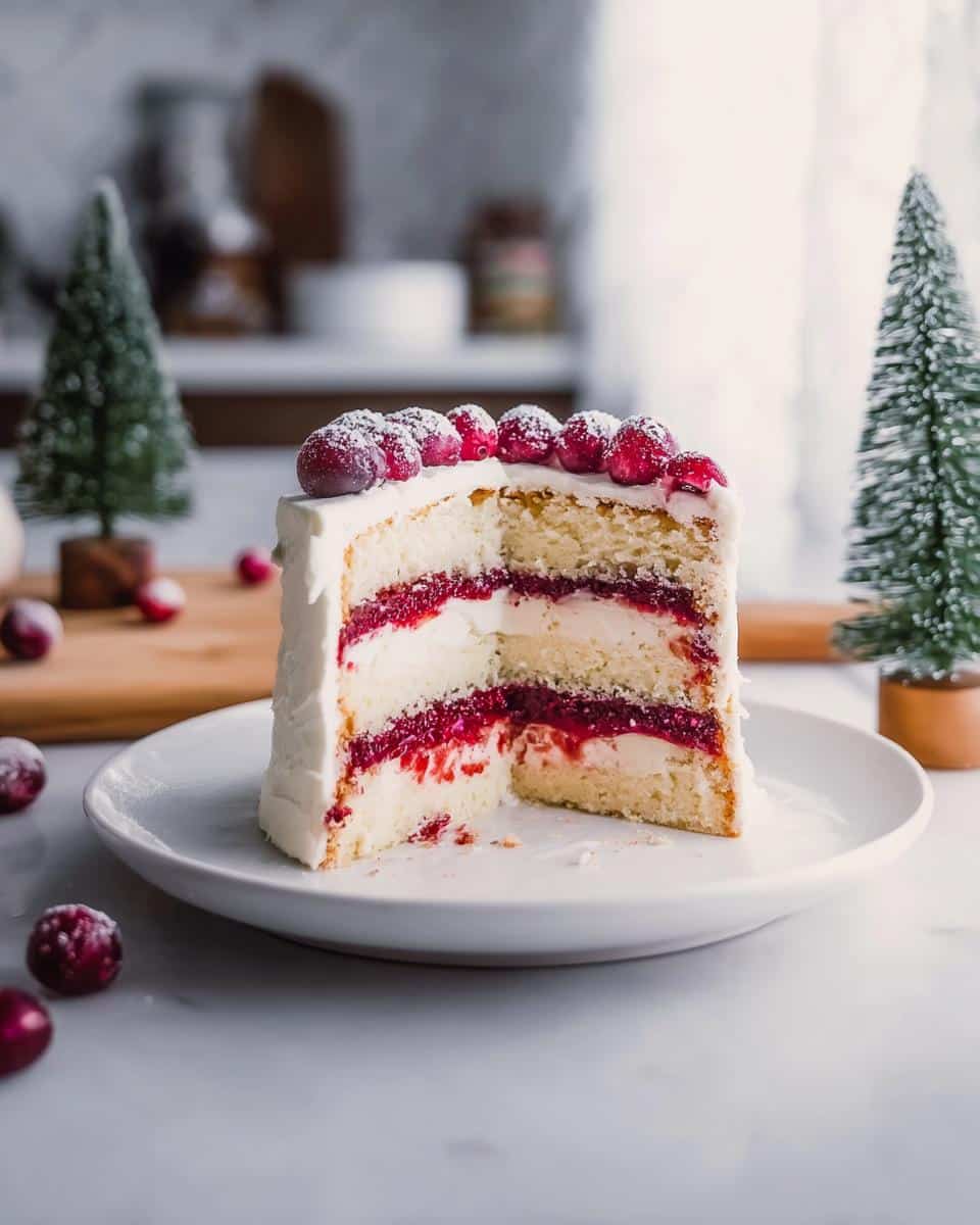 A tall slice of CRANBERRY WHITE CHRISTMAS CAKE with layers of white cake, cream, and bright red cranberry filling.