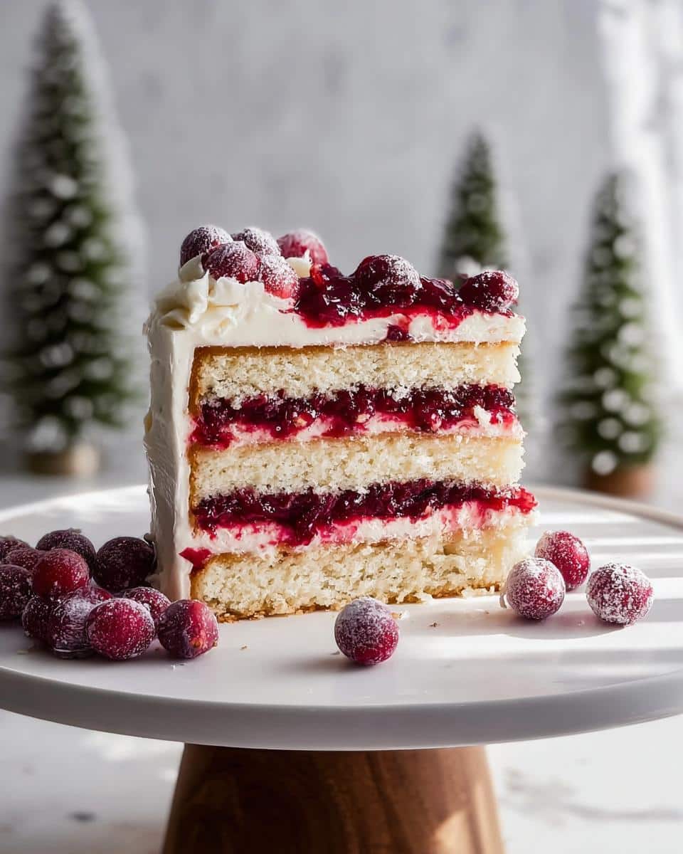 A tall slice of CRANBERRY WHITE CHRISTMAS CAKE with white frosting and layers of bright red cranberry filling.