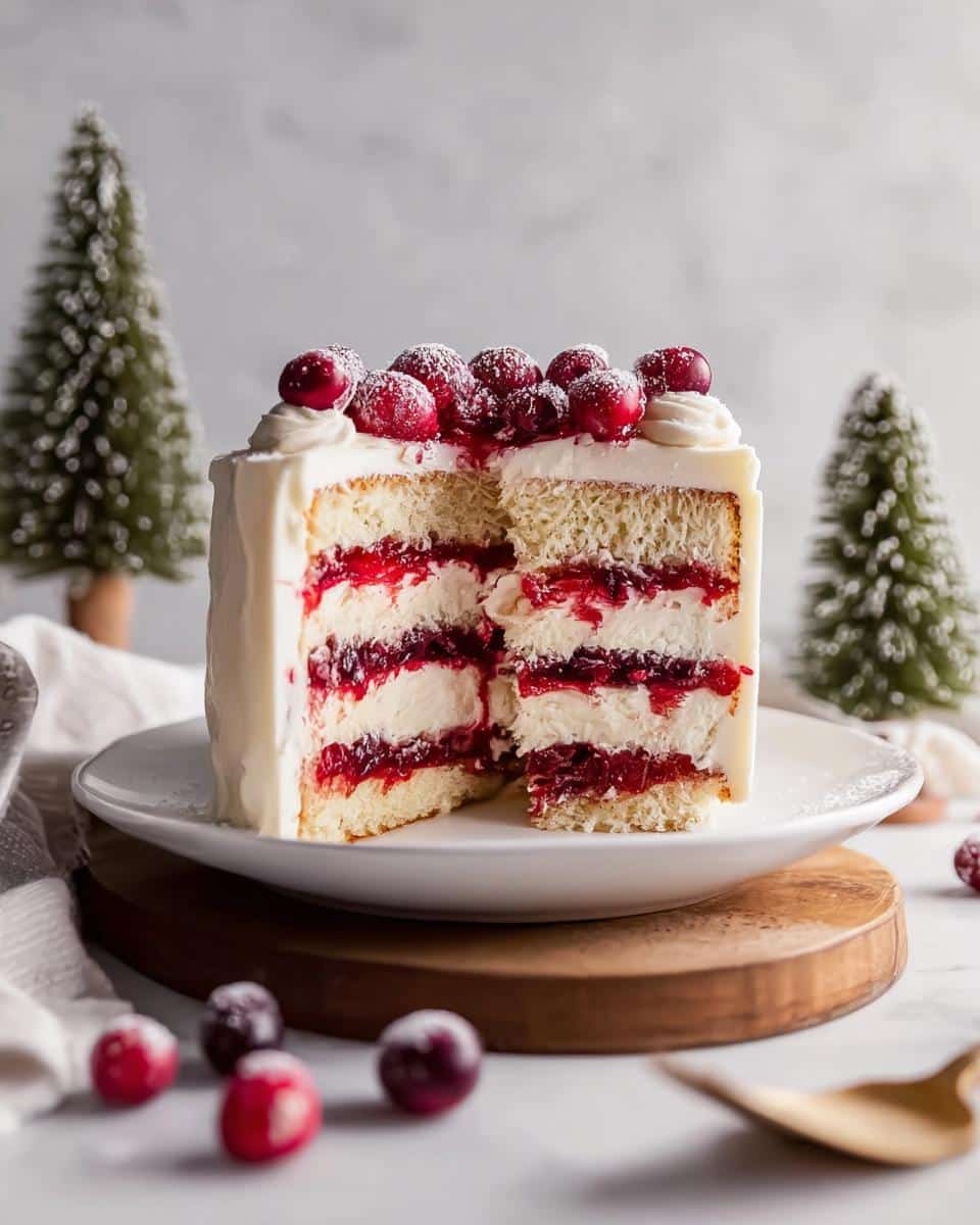 A tall slice of CRANBERRY WHITE CHRISTMAS CAKE showing layers of white cake, cream filling, and bright red cranberry filling, topped with sugared cranberries.