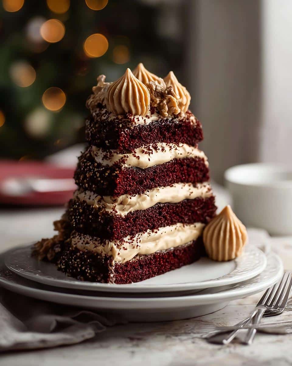 A tall slice of dark, rich Peanut Butter Chocolate Bliss Cake with four layers and thick peanut butter frosting.
