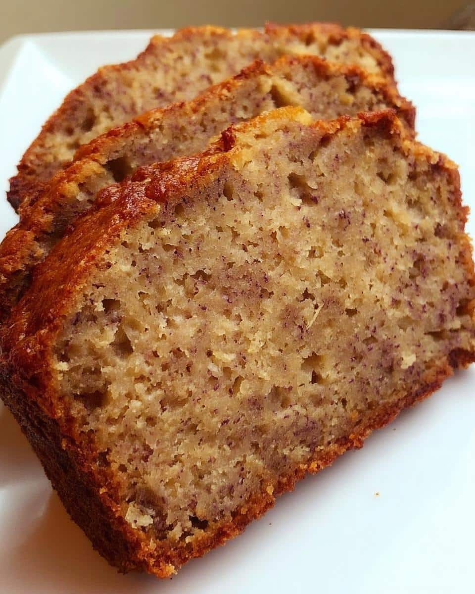 Close-up of three moist slices of Vegan Banana Bread Without Eggs on a white plate.