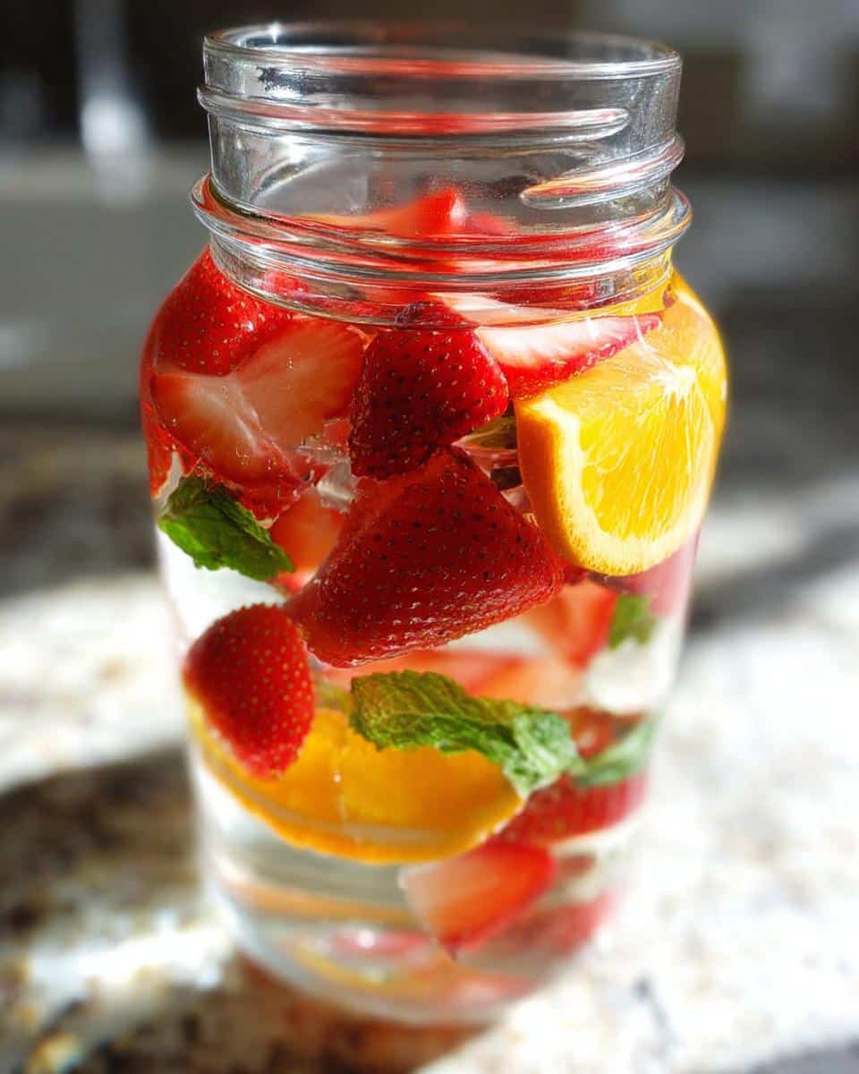 Close-up of Slimming Strawberry Detox Water infused with orange slices and mint leaves in a glass mason jar.