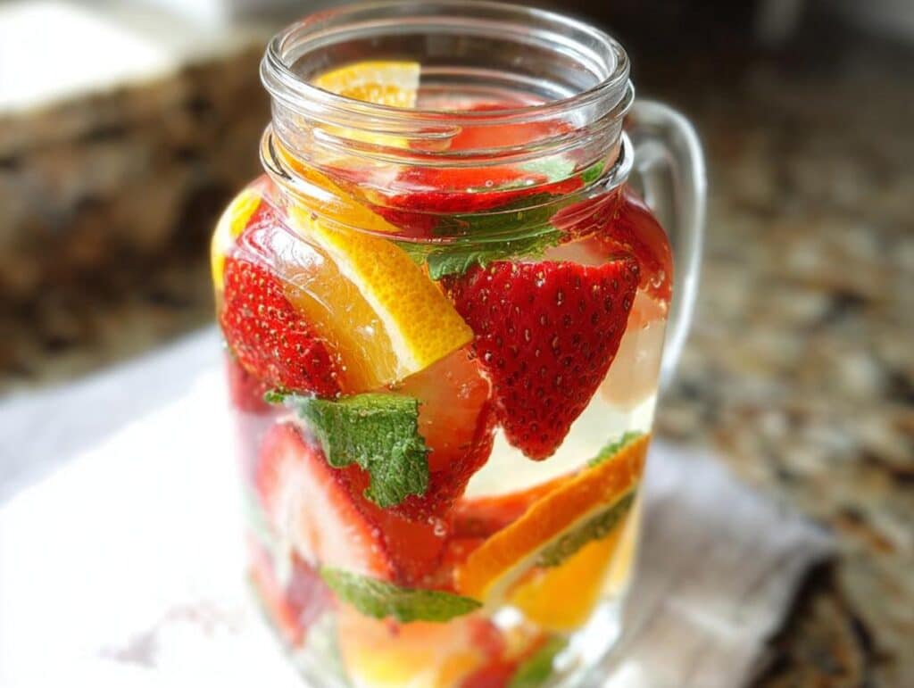 Close-up of Slimming Strawberry Detox Water infused with lemon and mint in a glass mason jar.