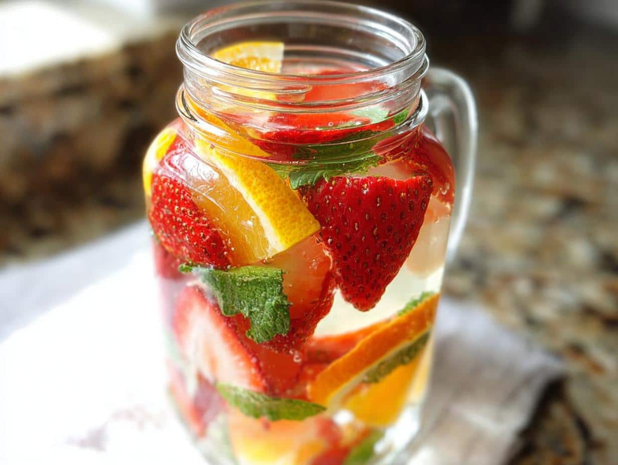 Close-up of Slimming Strawberry Detox Water infused with lemon and mint in a glass mason jar.