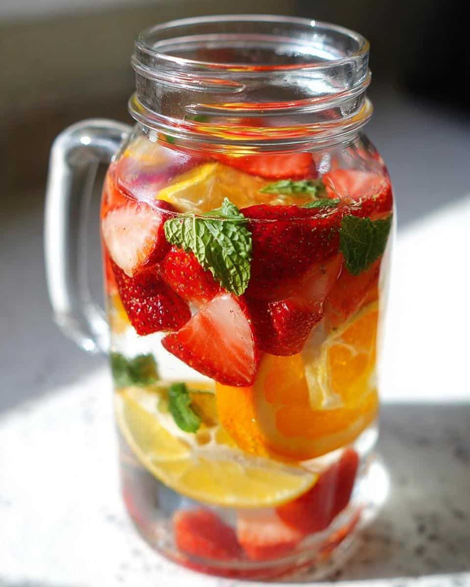 Close-up of Slimming Strawberry Detox Water infused with orange slices and mint leaves in a glass mason jar.