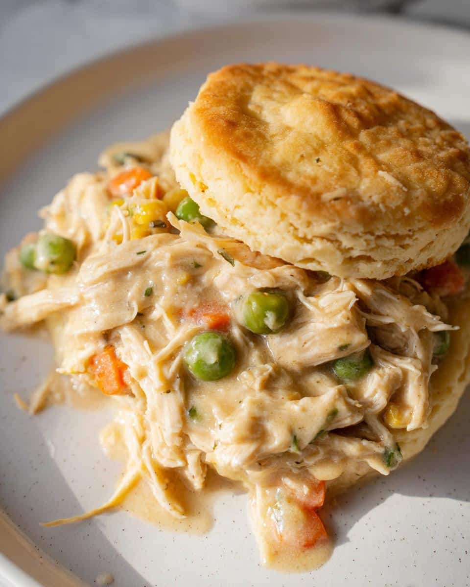 Close-up of shredded chicken pot pie filling with peas and carrots served under a golden biscuit, a true Comfort Food Chicken Pot Pie Slow Cooker dish.