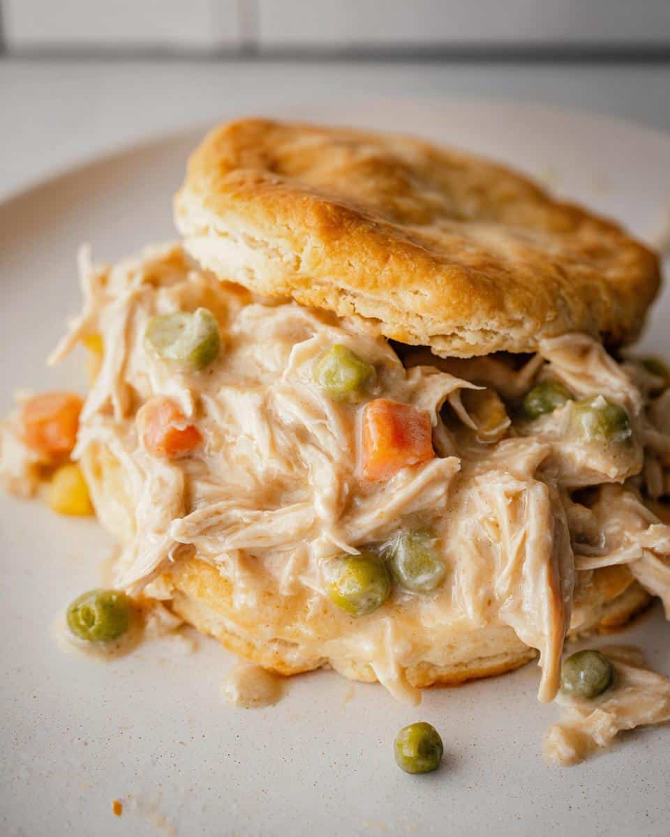 Close-up of shredded chicken pot pie filling with peas and carrots served over a split biscuit, perfect Comfort Food Chicken Pot Pie Slow Cooker.