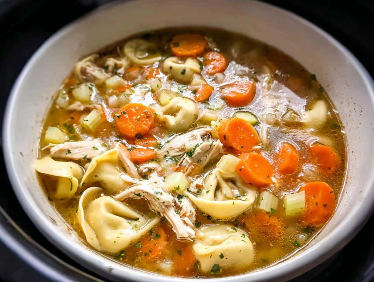 Close-up of a white bowl filled with Slow Cooker Chicken Tortellini Soup, featuring carrots, celery, and shredded chicken.