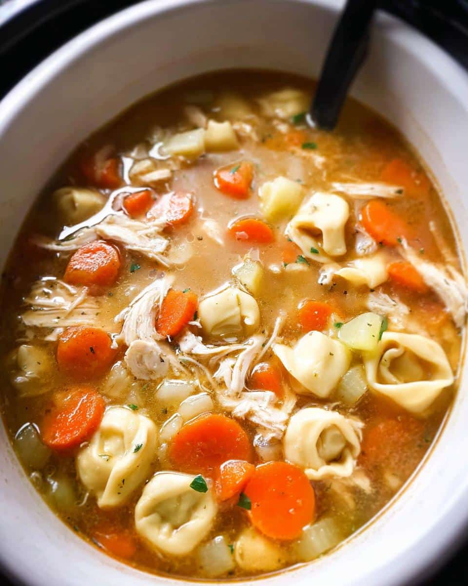 A close-up view of rich, savory Slow Cooker Chicken Tortellini Soup filled with shredded chicken, carrots, and tortellini pasta.