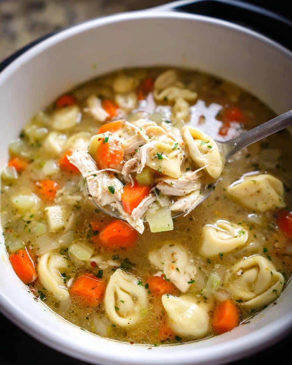 A spoonful being lifted from a bowl of Slow Cooker Chicken Tortellini Soup, showing shredded chicken, carrots, and tortellini.