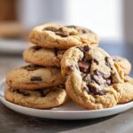 A tempting stack of freshly baked Soft Gluten-Free Chocolate Chip Cookies piled on a white plate.