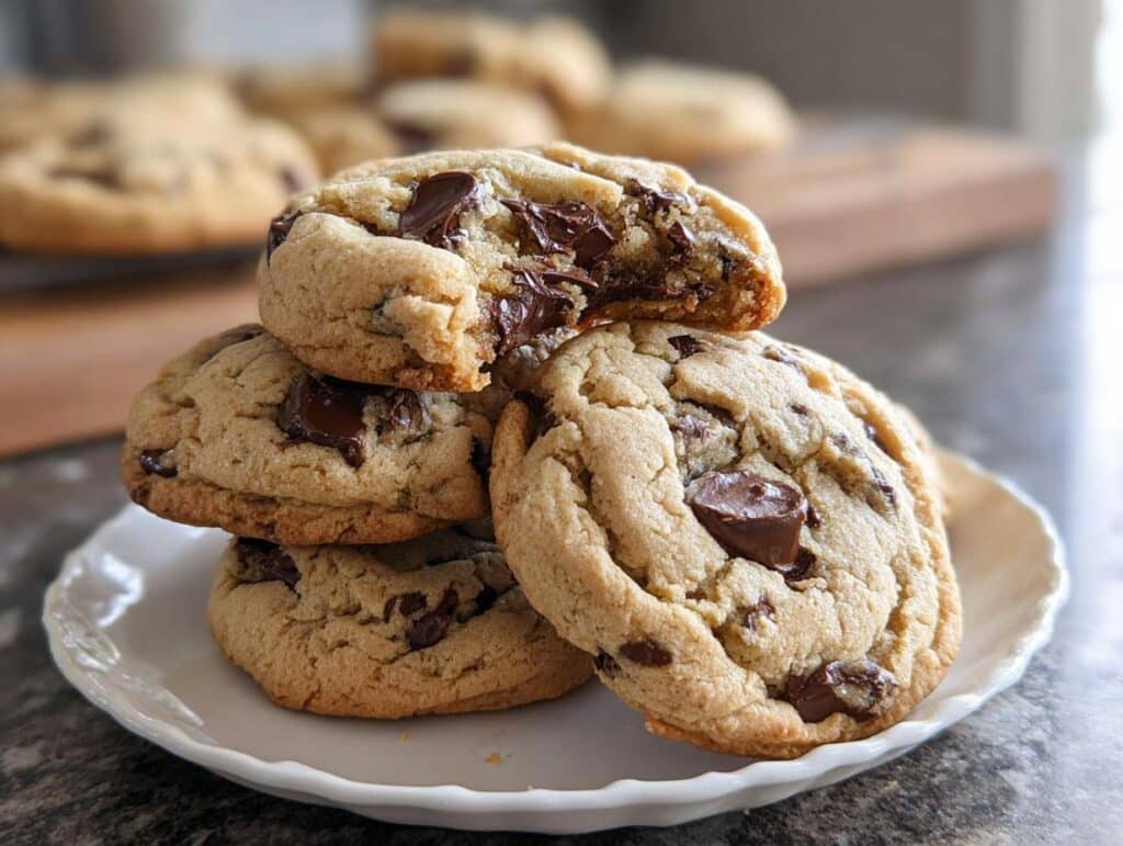 A stack of four thick, soft gluten-free chocolate chip cookies piled on a small white plate.