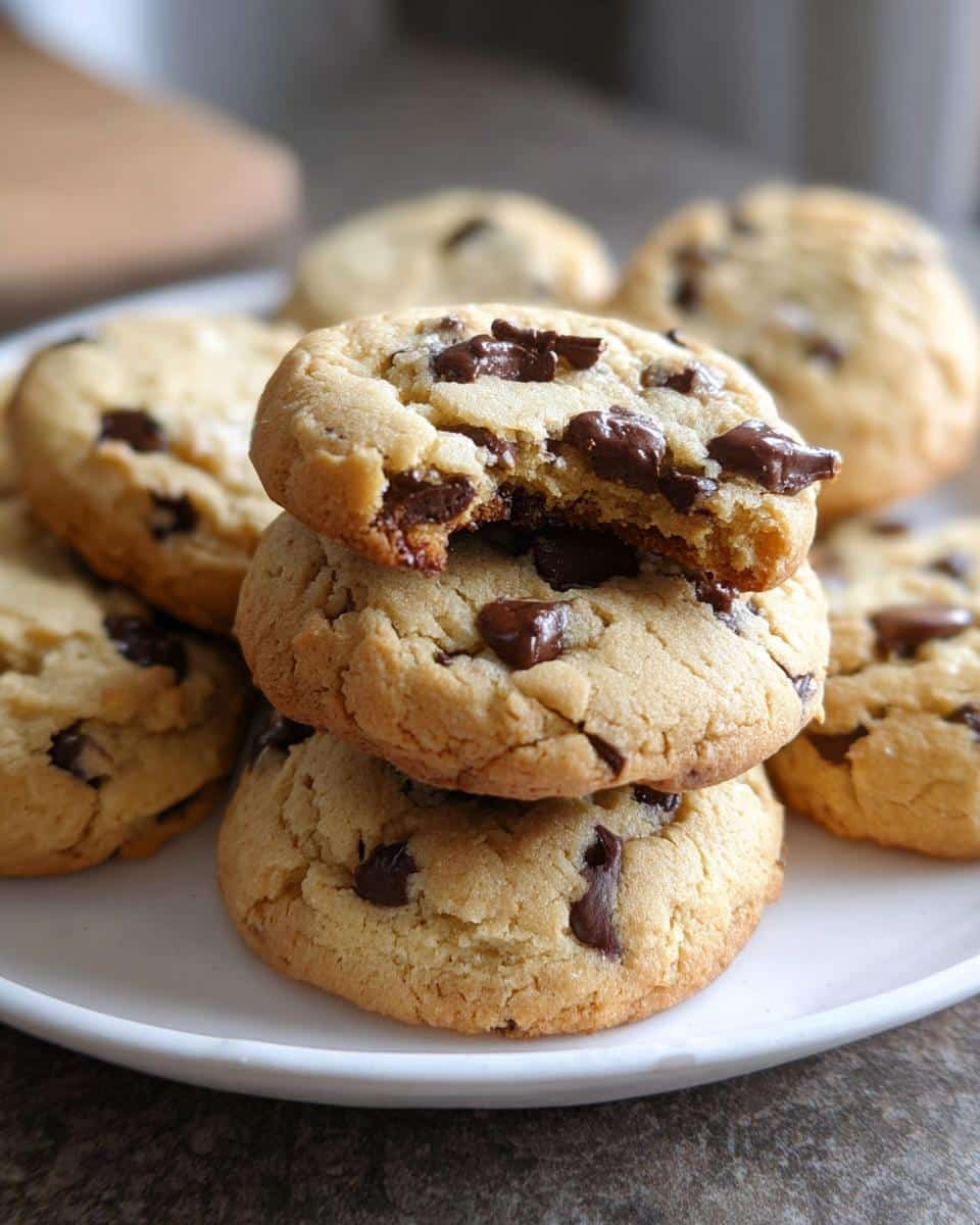 A stack of Soft Gluten-Free Chocolate Chip Cookies, with the top one broken open to show the gooey interior.