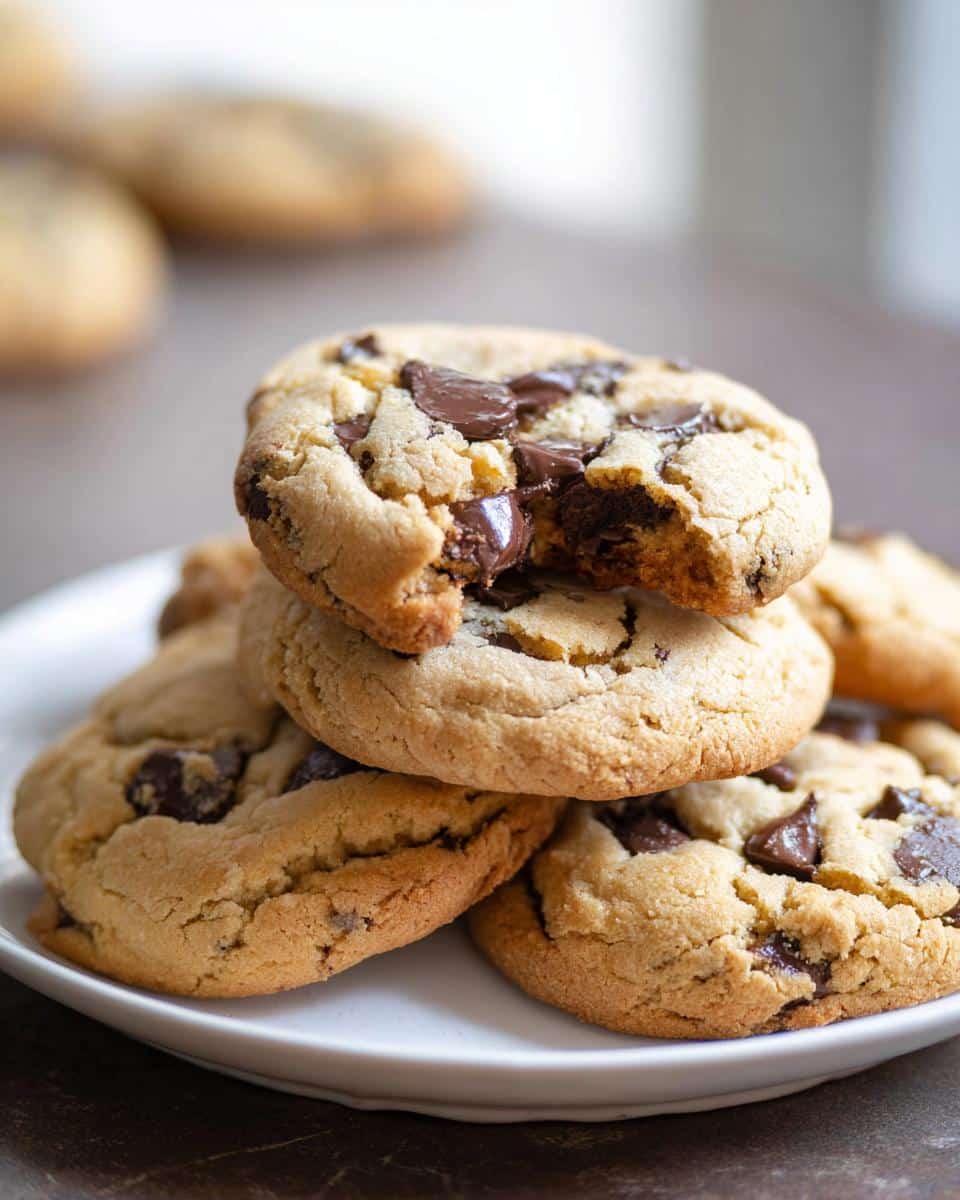A stack of delicious Soft Gluten-Free Chocolate Chip Cookies, one on top has a bite taken out showing melted chocolate.
