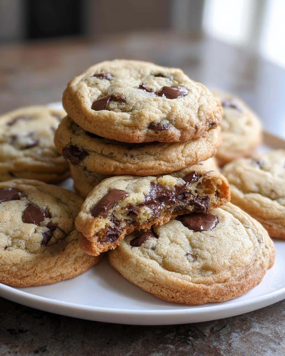 A stack of delicious Soft Gluten-Free Chocolate Chip Cookies, with one cookie broken open showing melted chocolate.