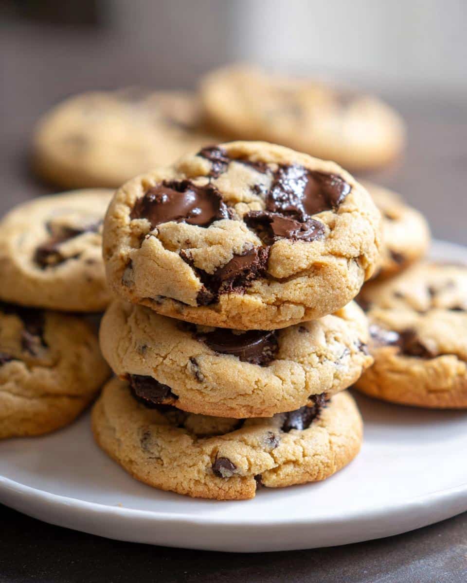 A stack of three incredibly soft gluten-free chocolate chip cookies piled high on a white plate.