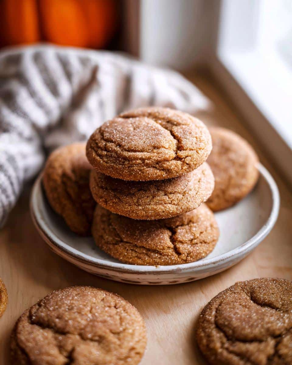 A stack of three soft, crinkled Pumpkin Spice Cookies coated in sugar, resting on a small plate.