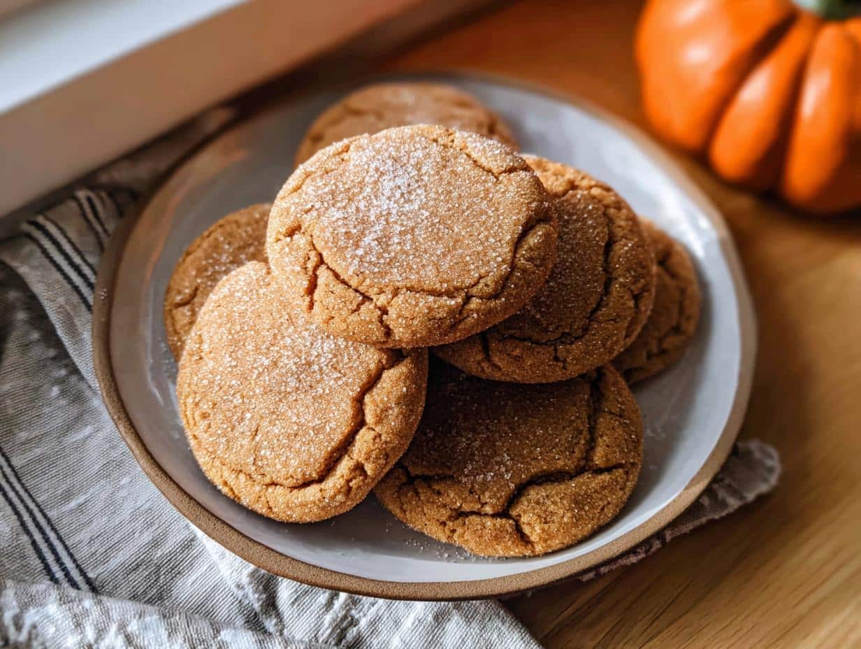 A stack of freshly baked Pumpkin Spice Cookies, cracked on top and dusted with sugar, sitting on a plate.