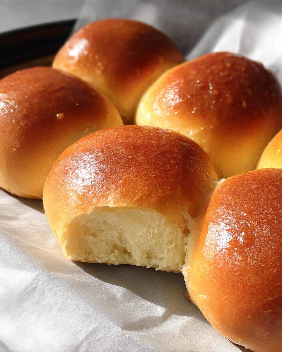 A close-up of several golden-brown Soft Thermomix Dinner Rolls, one of which is torn open to show the fluffy interior.