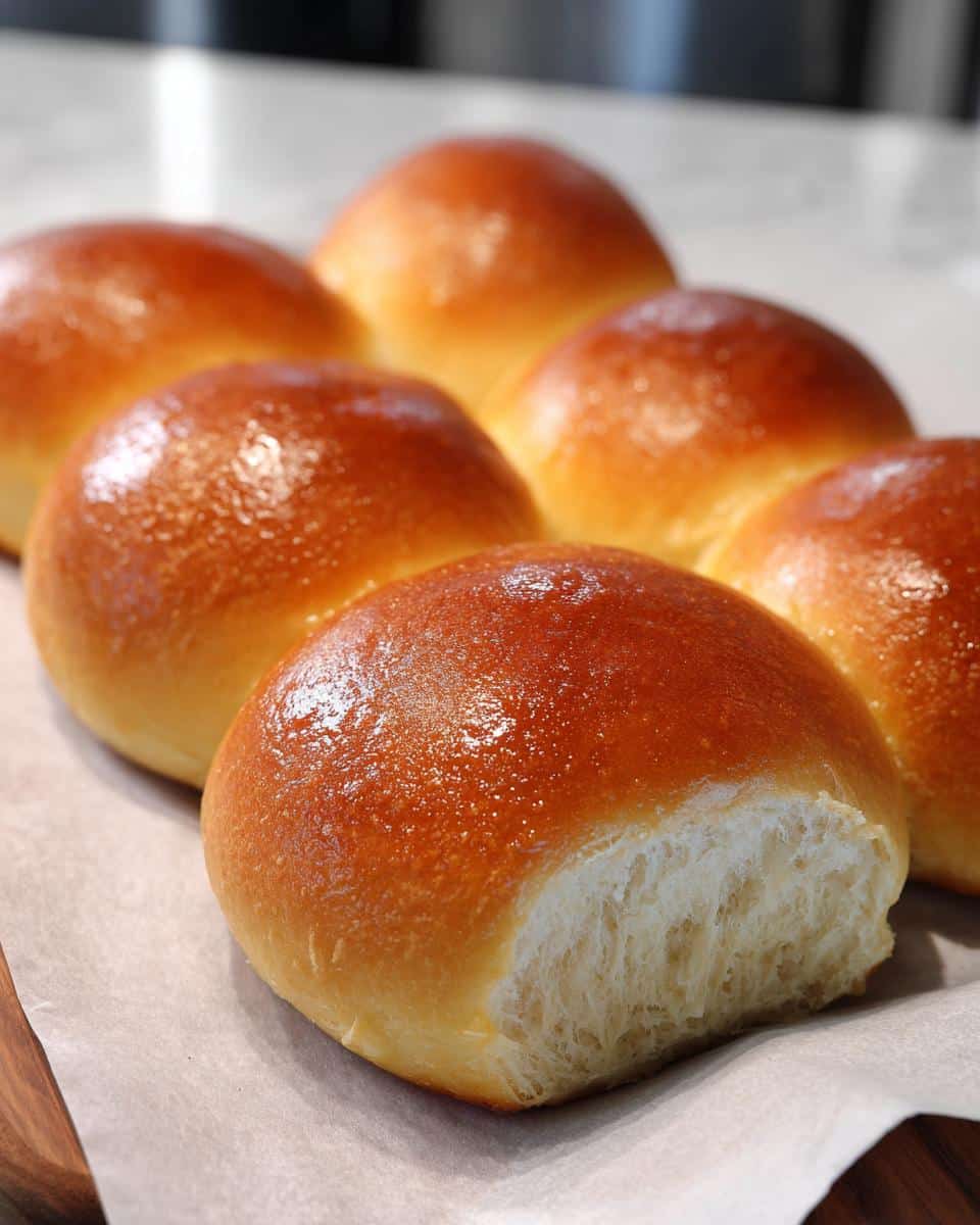 Close-up of several golden-brown Soft Thermomix Dinner Rolls, one torn open to show the fluffy interior.