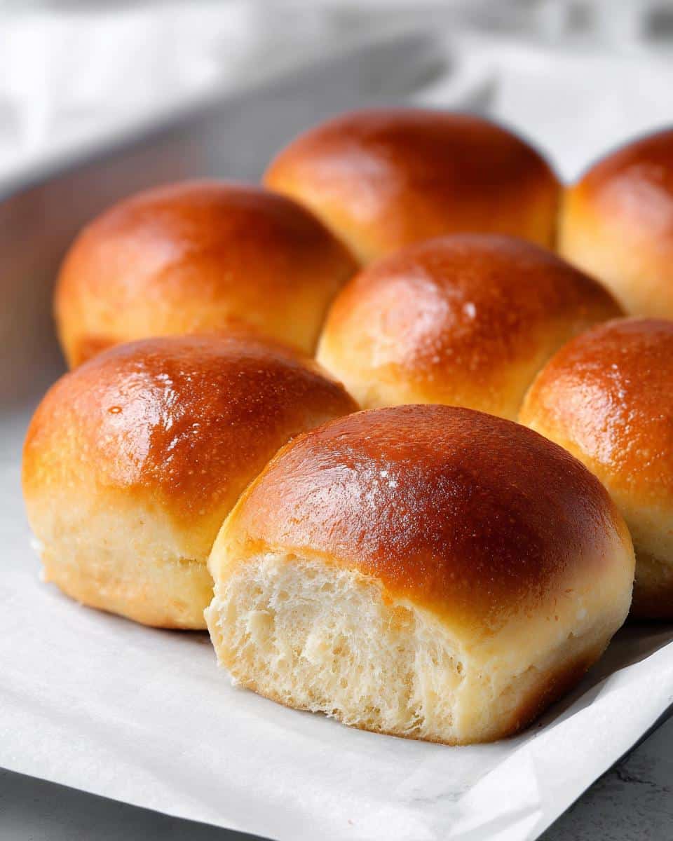 A close-up of several golden brown Soft Thermomix Dinner Rolls, one split open showing the fluffy interior.