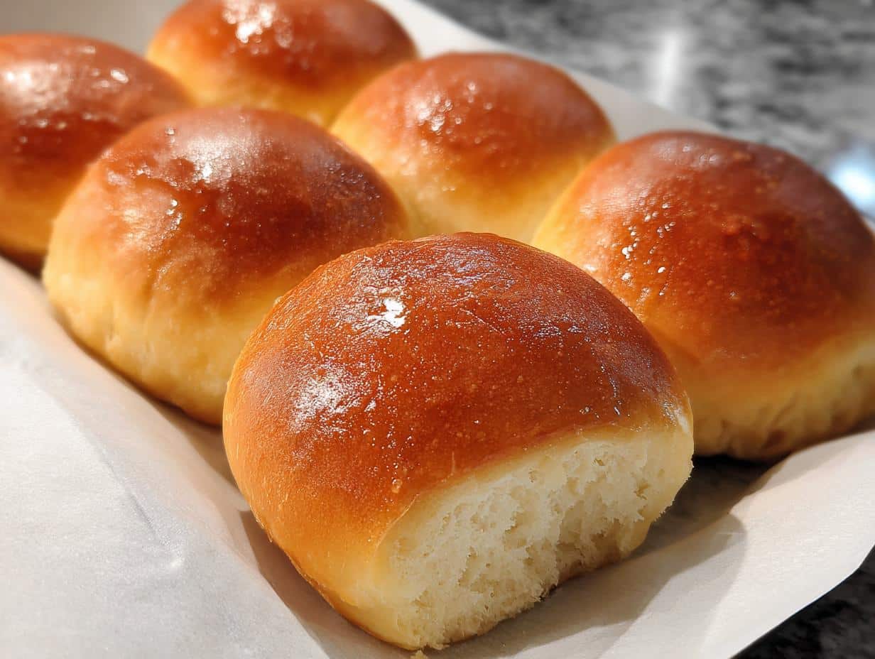 A close-up of several golden brown Soft Thermomix Dinner Rolls, one of which is broken open showing the fluffy interior.