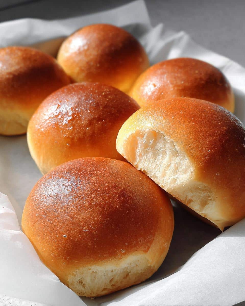 Close-up of several golden brown Soft Thermomix Dinner Rolls, one is torn open showing the fluffy interior.