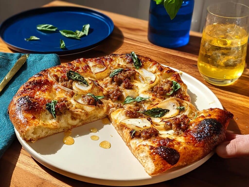 A slice of Spicy Sausage & Honey Pizza being lifted from the whole pizza on a white plate, showing caramelized crust and honey drizzle.