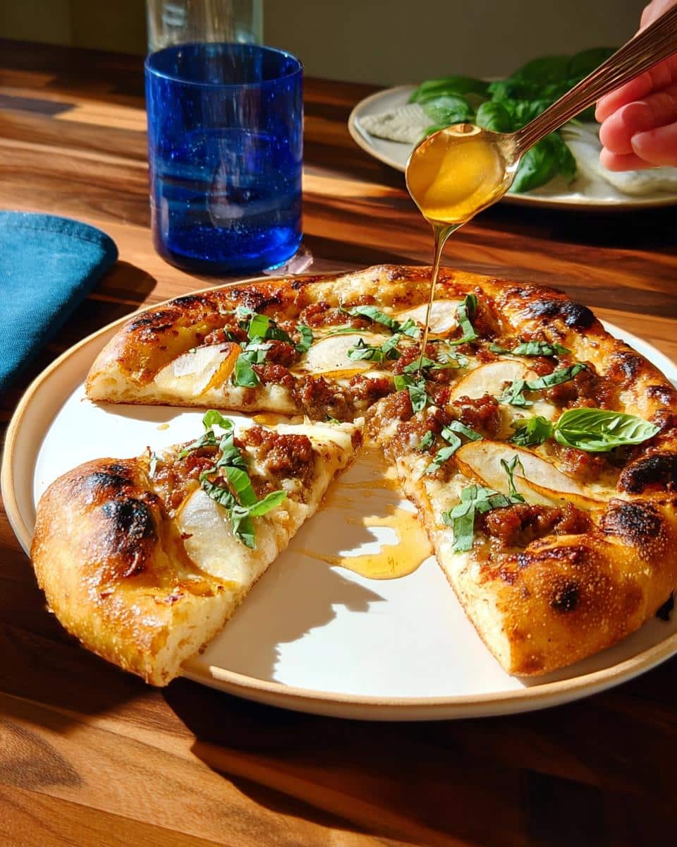 A hand drizzles honey over a freshly baked Spicy Sausage & Honey Pizza topped with sausage, pear slices, and basil.
