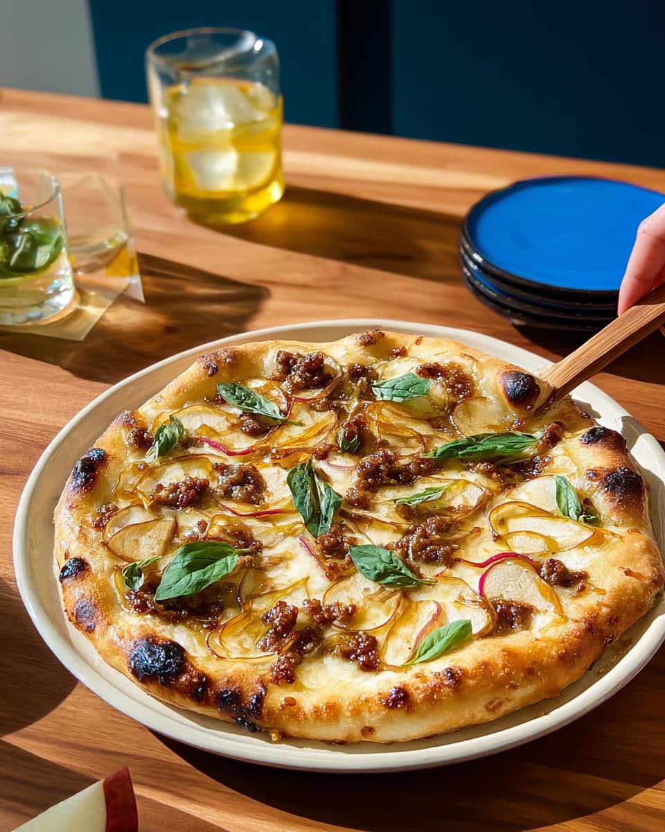 A freshly baked Spicy Sausage & Honey Pizza with caramelized sausage, thin apple slices, and basil leaves, being lifted by a wooden server.