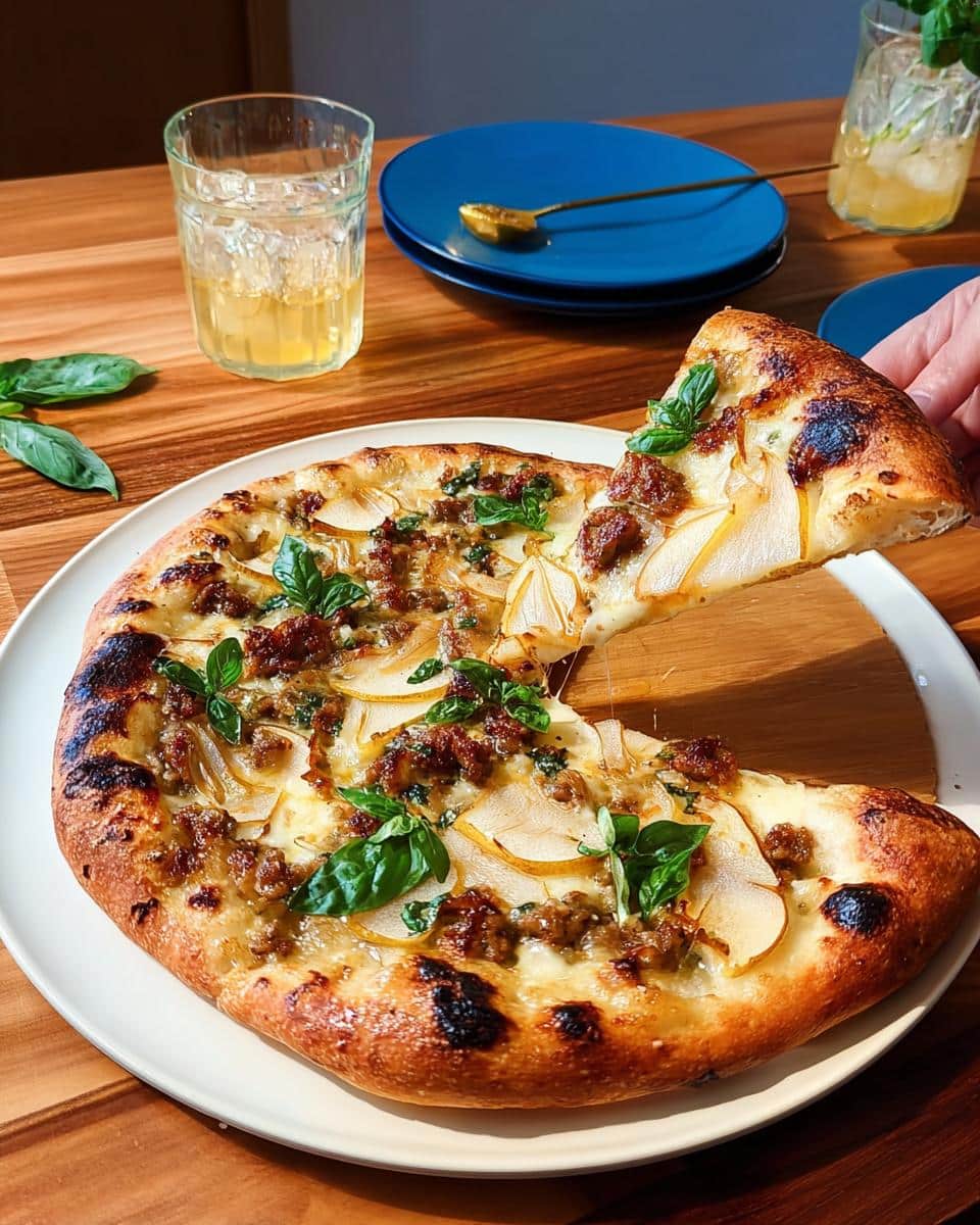 A hand lifting a slice of Spicy Sausage & Honey Pizza, showing melted cheese and toppings like sausage and pear slices.