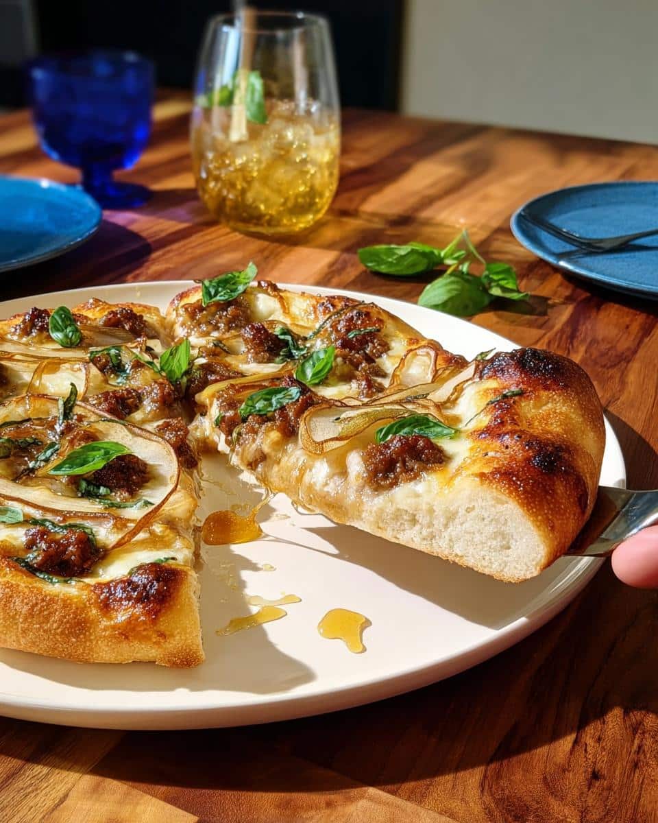 A slice of Spicy Sausage & Honey Pizza being lifted from the plate, showing the crust and drizzled honey.