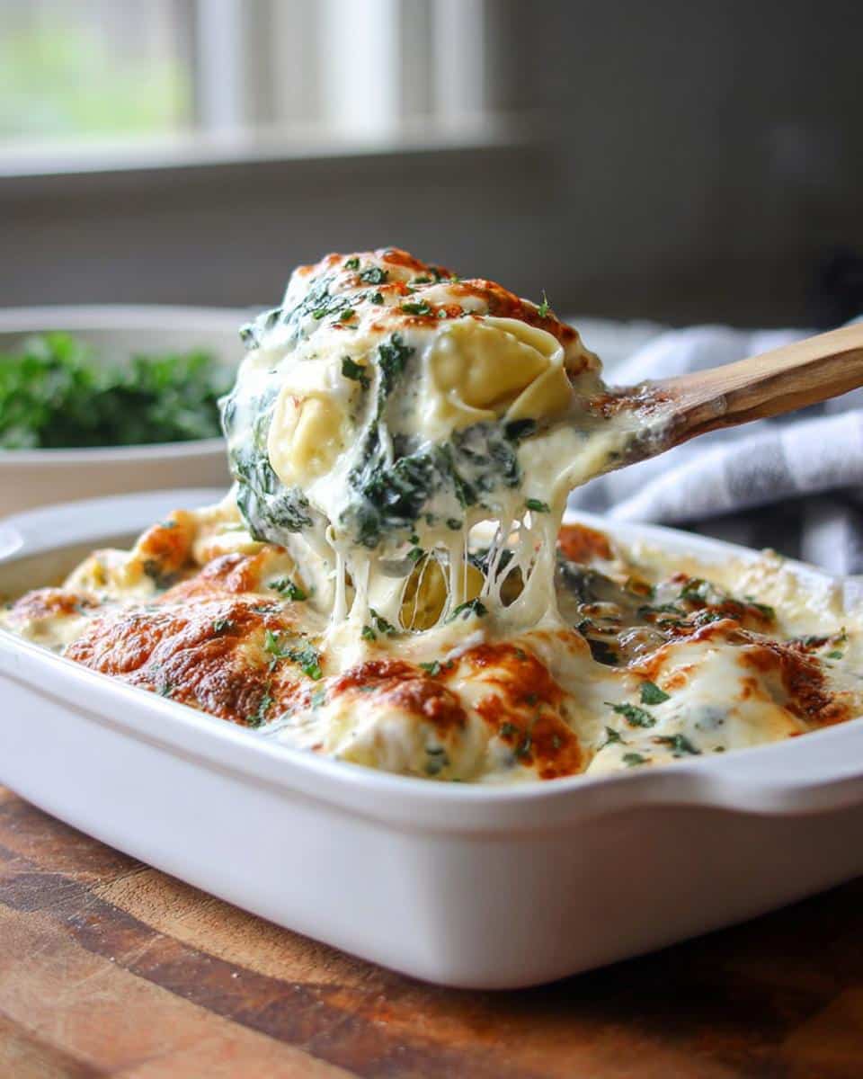 A wooden spoon lifting a cheesy portion of Spinach Alfredo Tortellini Bake, showing long cheese pulls.