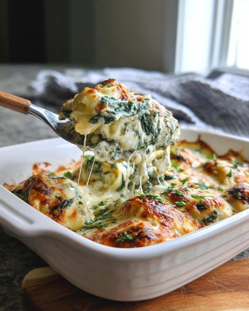 A spoonful of cheesy Spinach Alfredo Tortellini Bake being lifted from a white baking dish, showing a cheese pull.