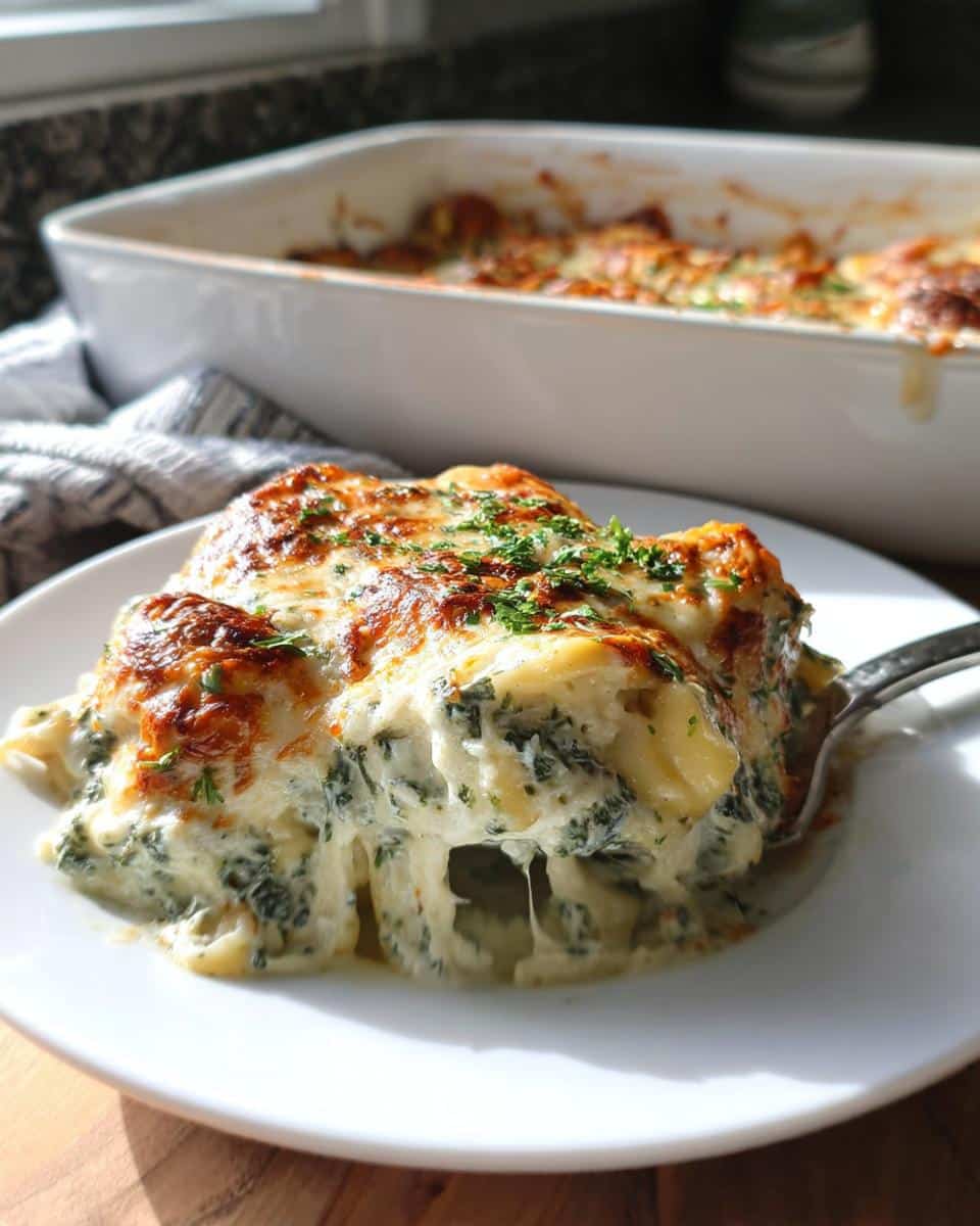 A cheesy, gooey serving of Spinach Alfredo Tortellini Bake being lifted onto a white plate.
