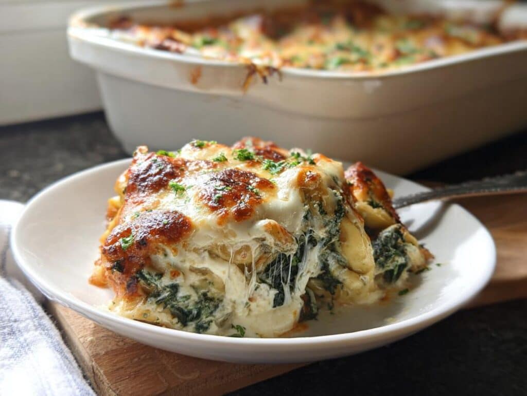 A generous serving of Spinach Alfredo Tortellini Bake on a white plate, showing melted, browned cheese and creamy spinach filling.