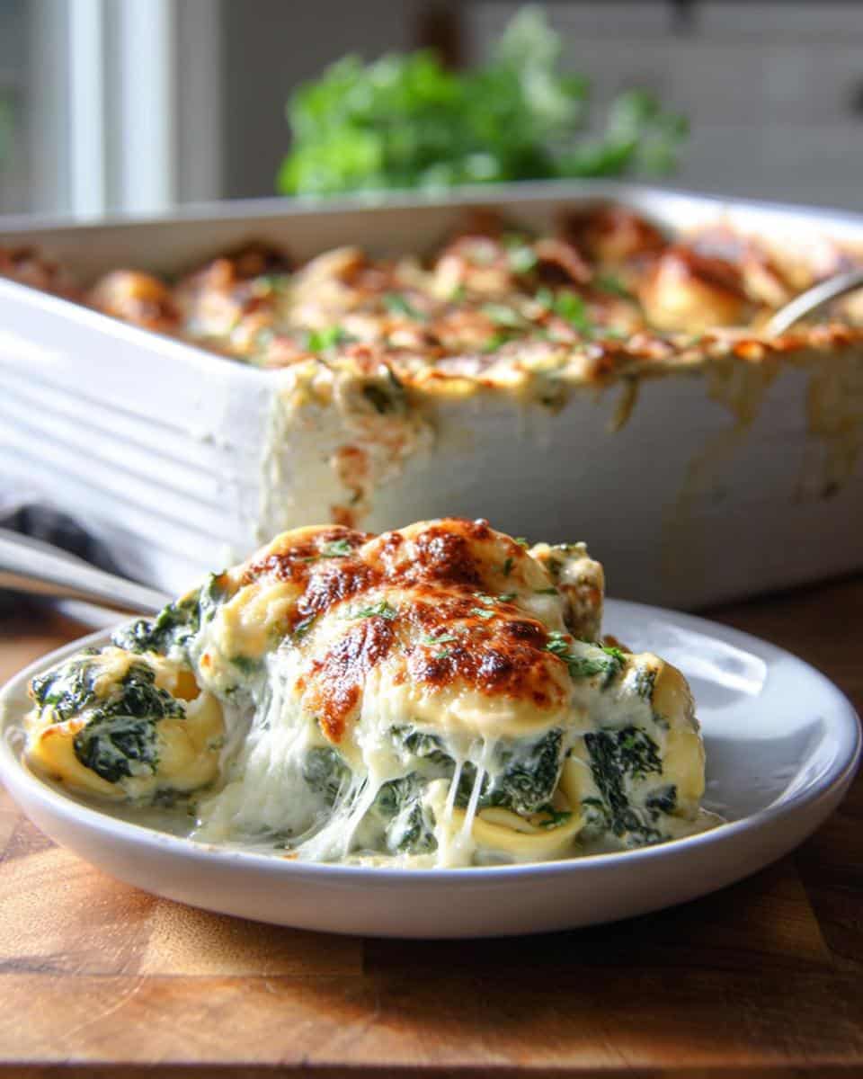 A serving of cheesy Spinach Alfredo Tortellini Bake with melted cheese stretching from the portion onto the plate.