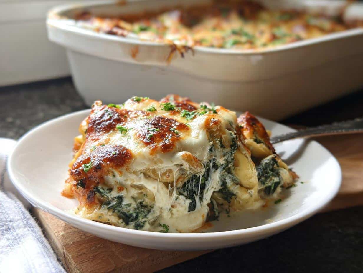 A generous serving of Spinach Alfredo Tortellini Bake on a white plate, showing melted, browned cheese and creamy spinach filling.