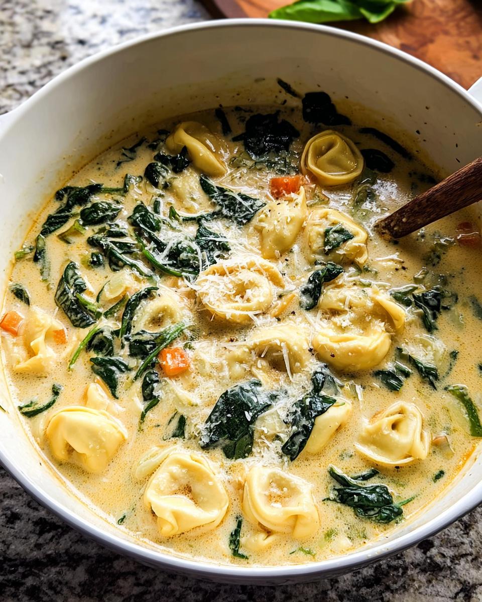 A close-up view of a creamy bowl of Spinach & Cheese Tortellini Fall Soup, topped with Parmesan.