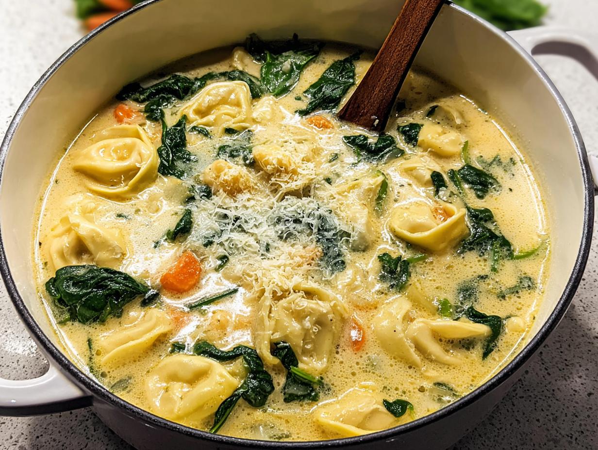 Close-up of creamy Spinach & Cheese Tortellini Fall Soup topped with grated Parmesan cheese in a white Dutch oven.