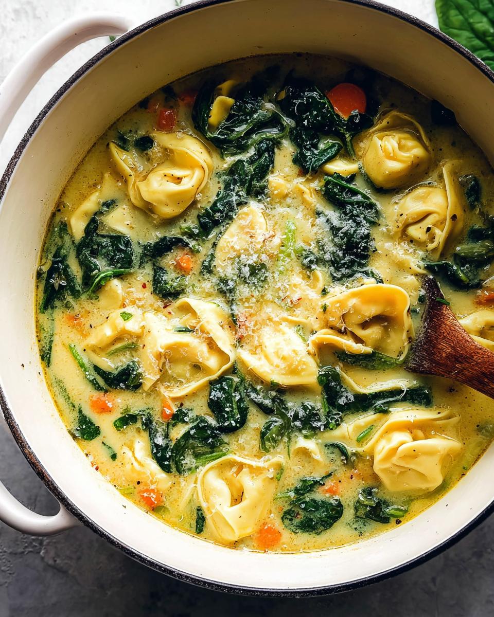 Close-up of creamy Spinach & Cheese Tortellini Fall Soup simmering in a white Dutch oven with a wooden spoon.