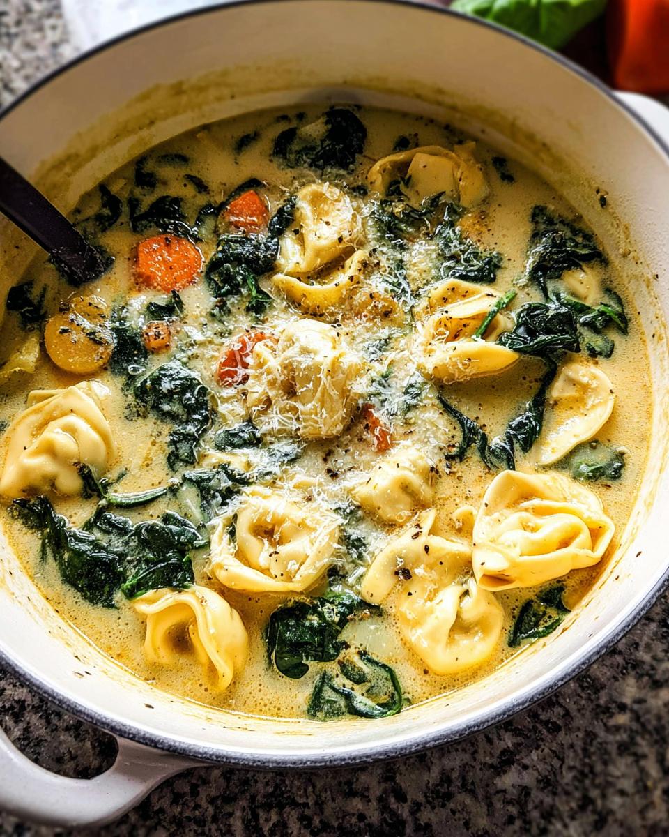 Close-up of creamy Spinach & Cheese Tortellini Fall Soup with spinach, carrots, and grated Parmesan cheese.